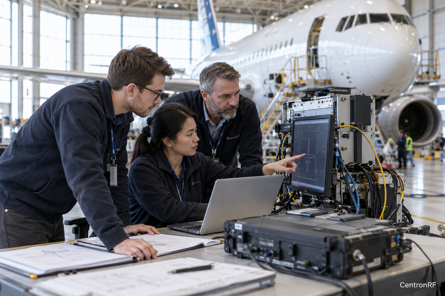 Aerospace engineers reviewing an avionics test station in an aircraft hangar