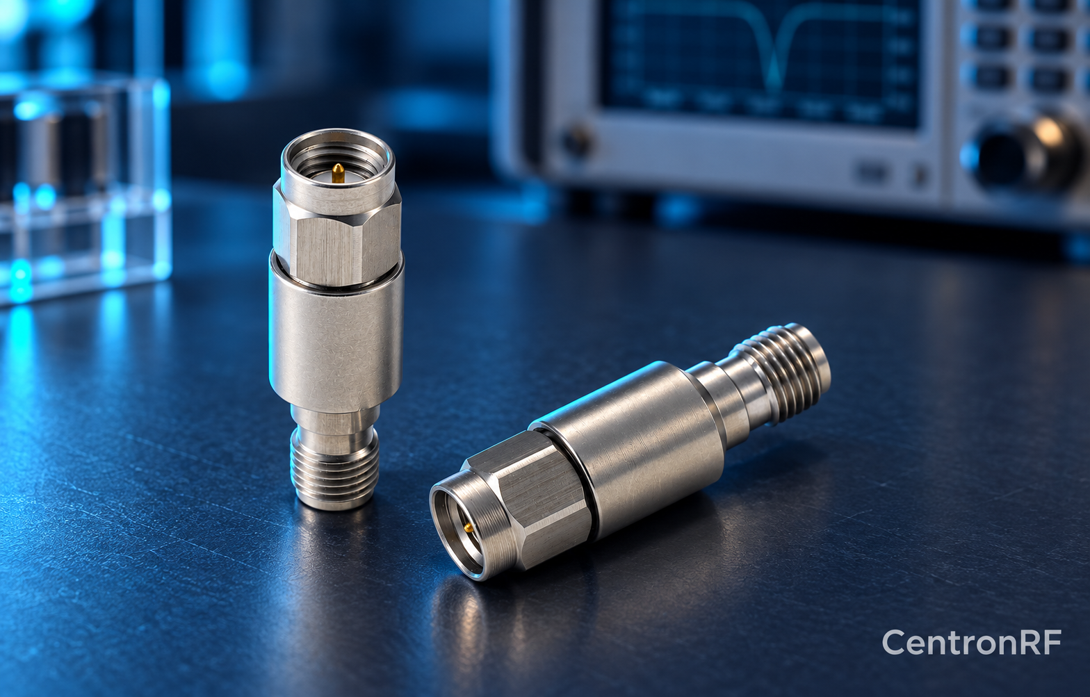 SMA coaxial DC block on a laboratory bench with CentronRF watermark
