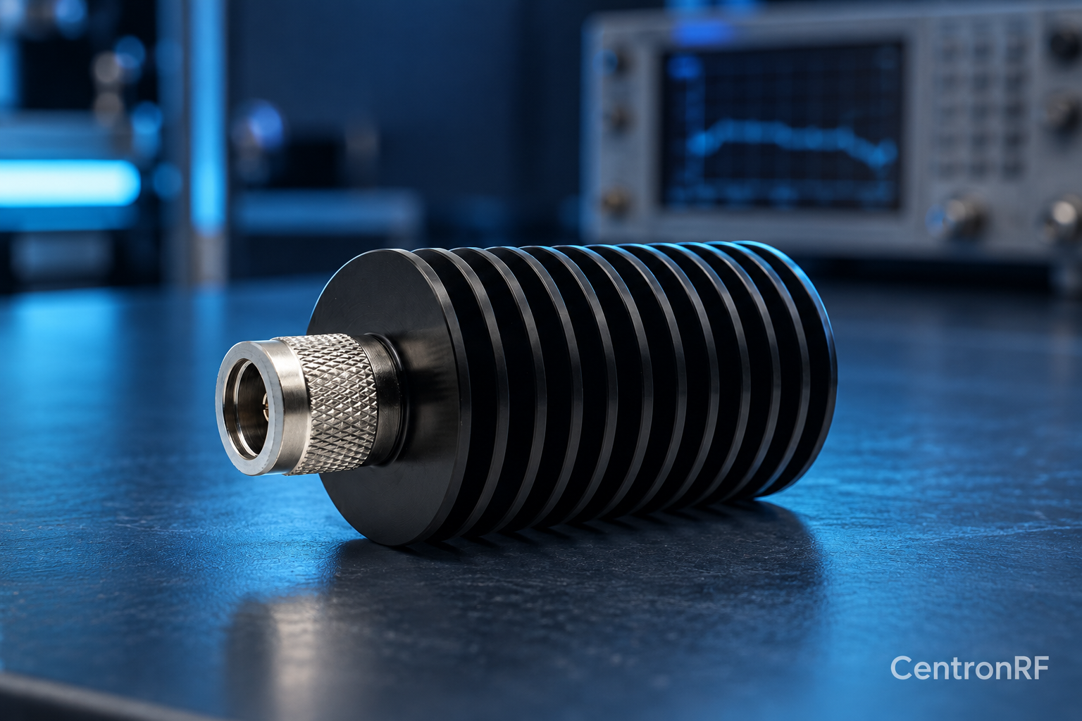 Finned N-type RF dummy load on a laboratory bench with CentronRF watermark