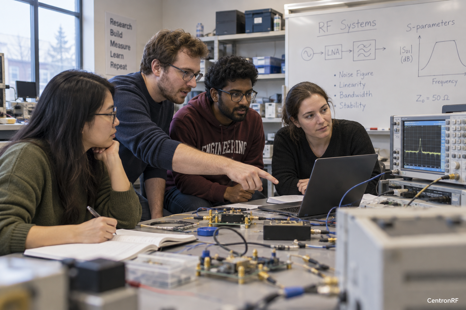 University researchers collaborating in an electronics teaching laboratory