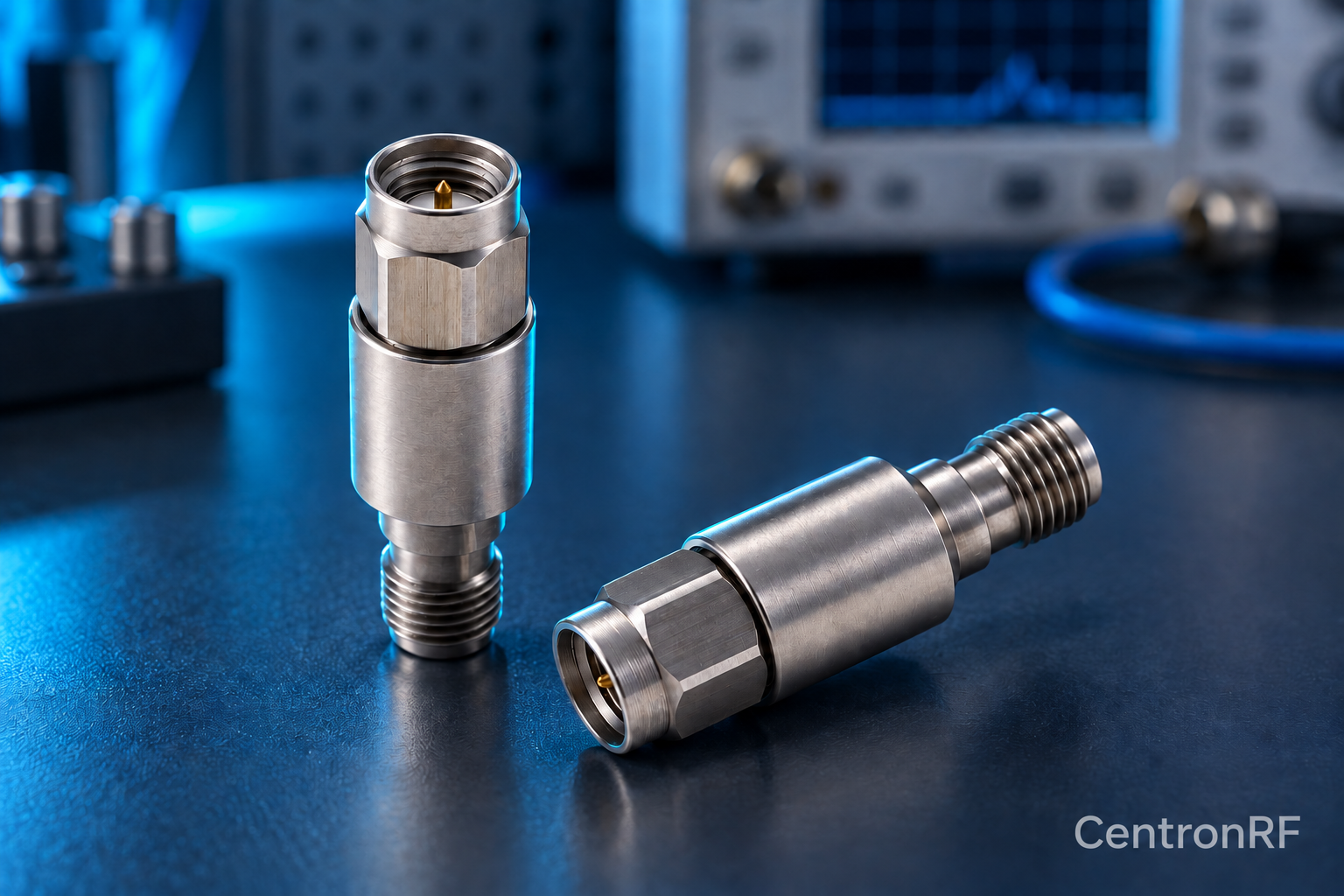 SMA fixed RF attenuator on a laboratory bench, with CentronRF watermark