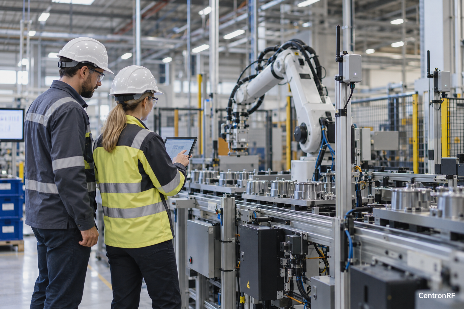 Industrial engineers inspecting a connected factory cell with wireless sensors