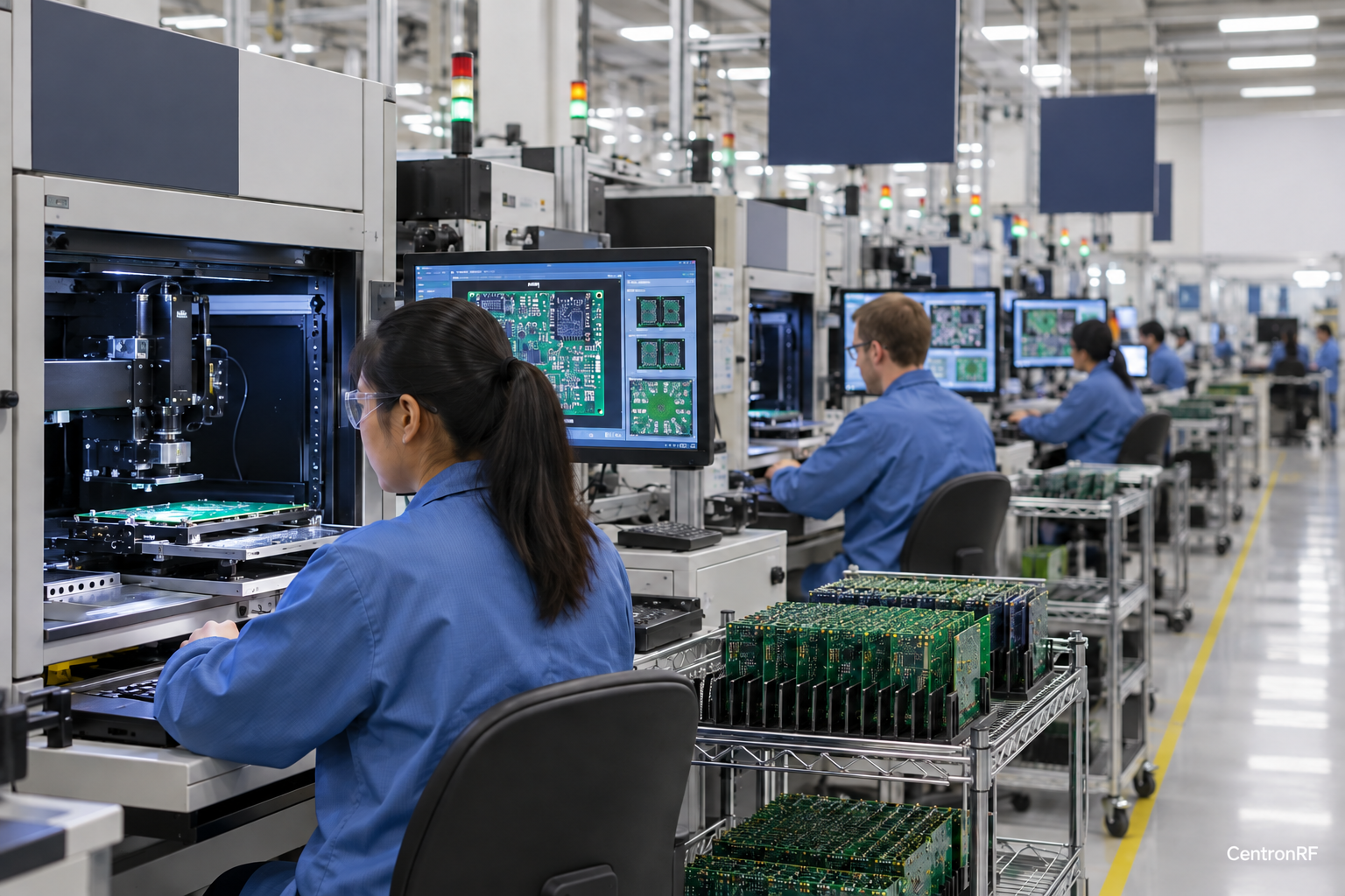 Technicians inspecting circuit boards on an electronics manufacturing line