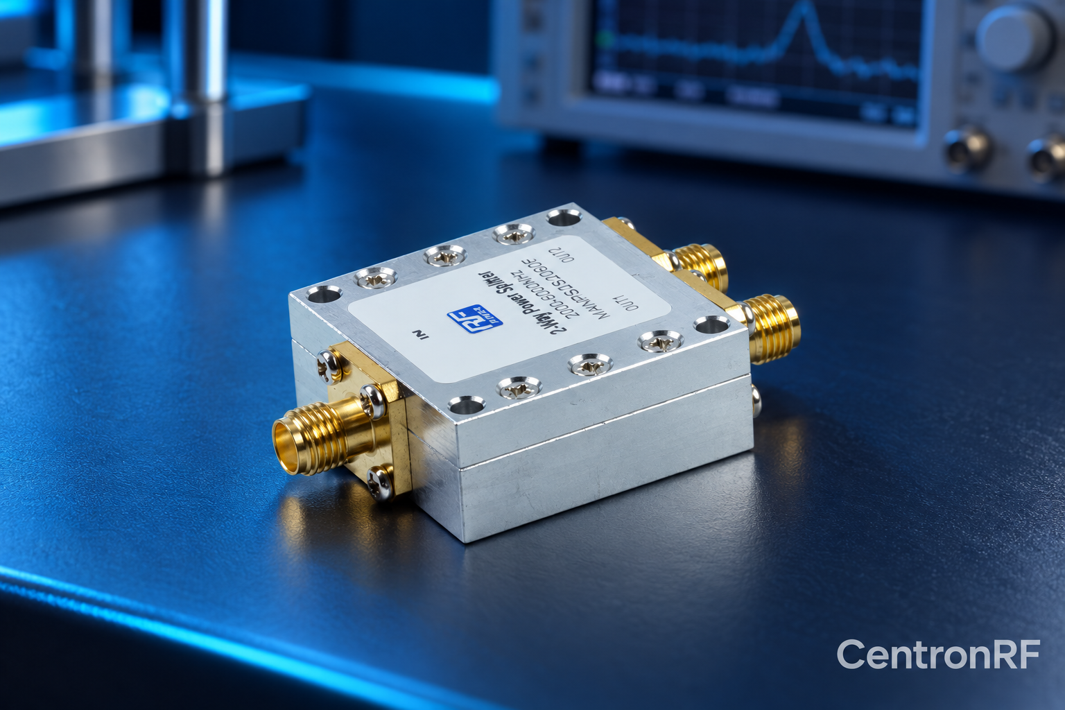 SMA coaxial two-way RF power divider with CentronRF watermark