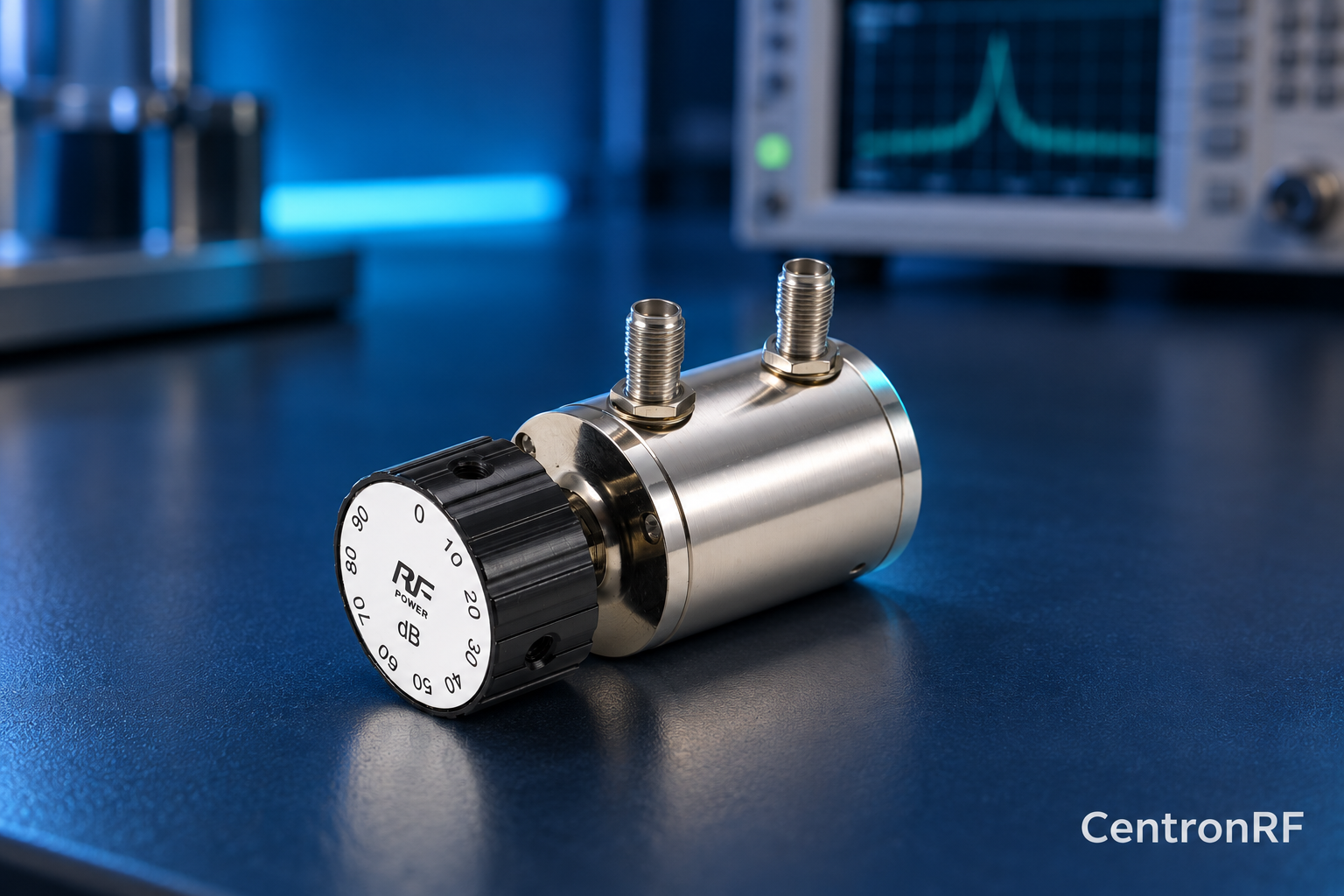 Rotary step RF attenuator with adjustment dials and CentronRF watermark