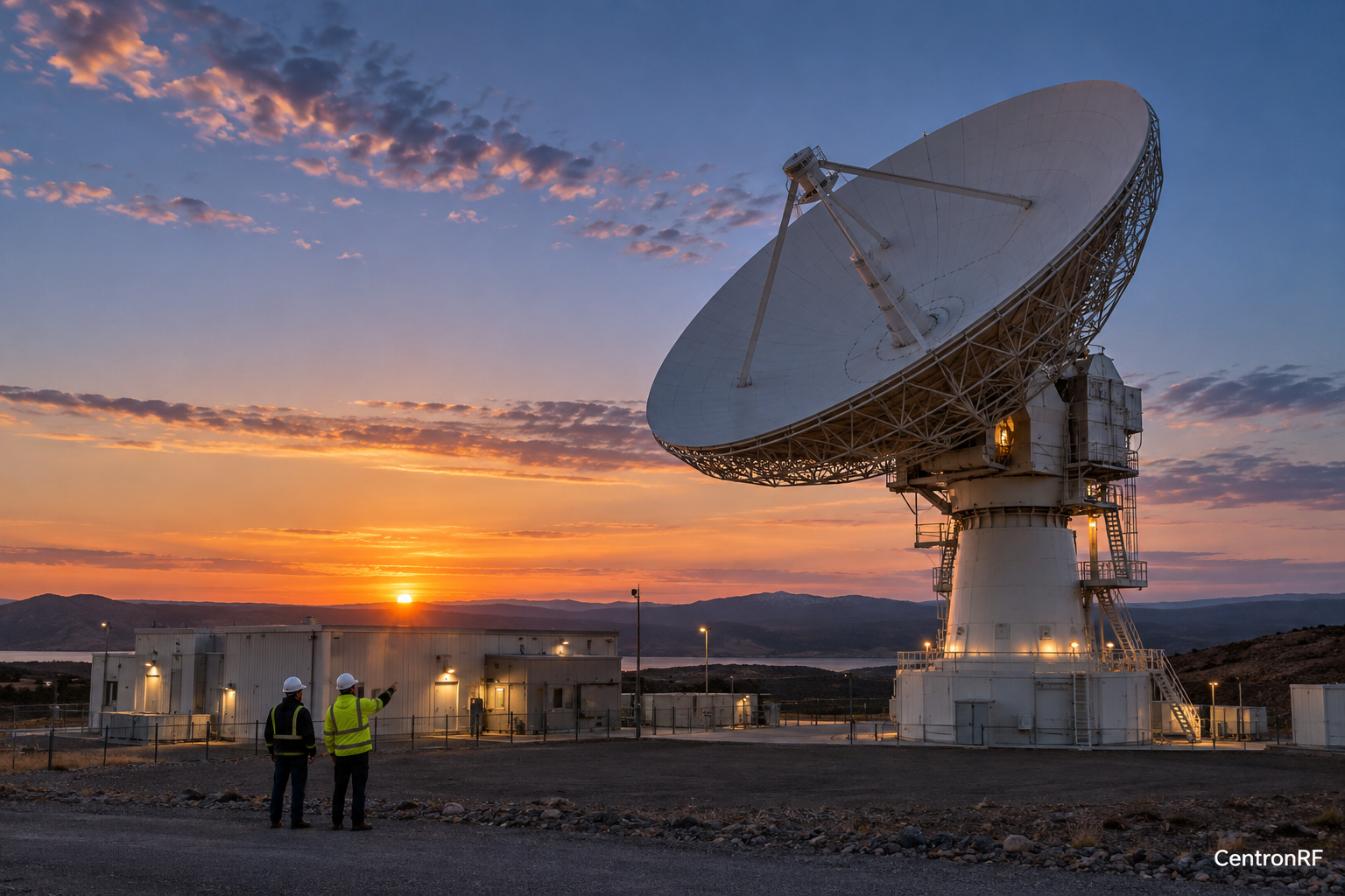 Satellite ground-station dish and operations facility at twilight
