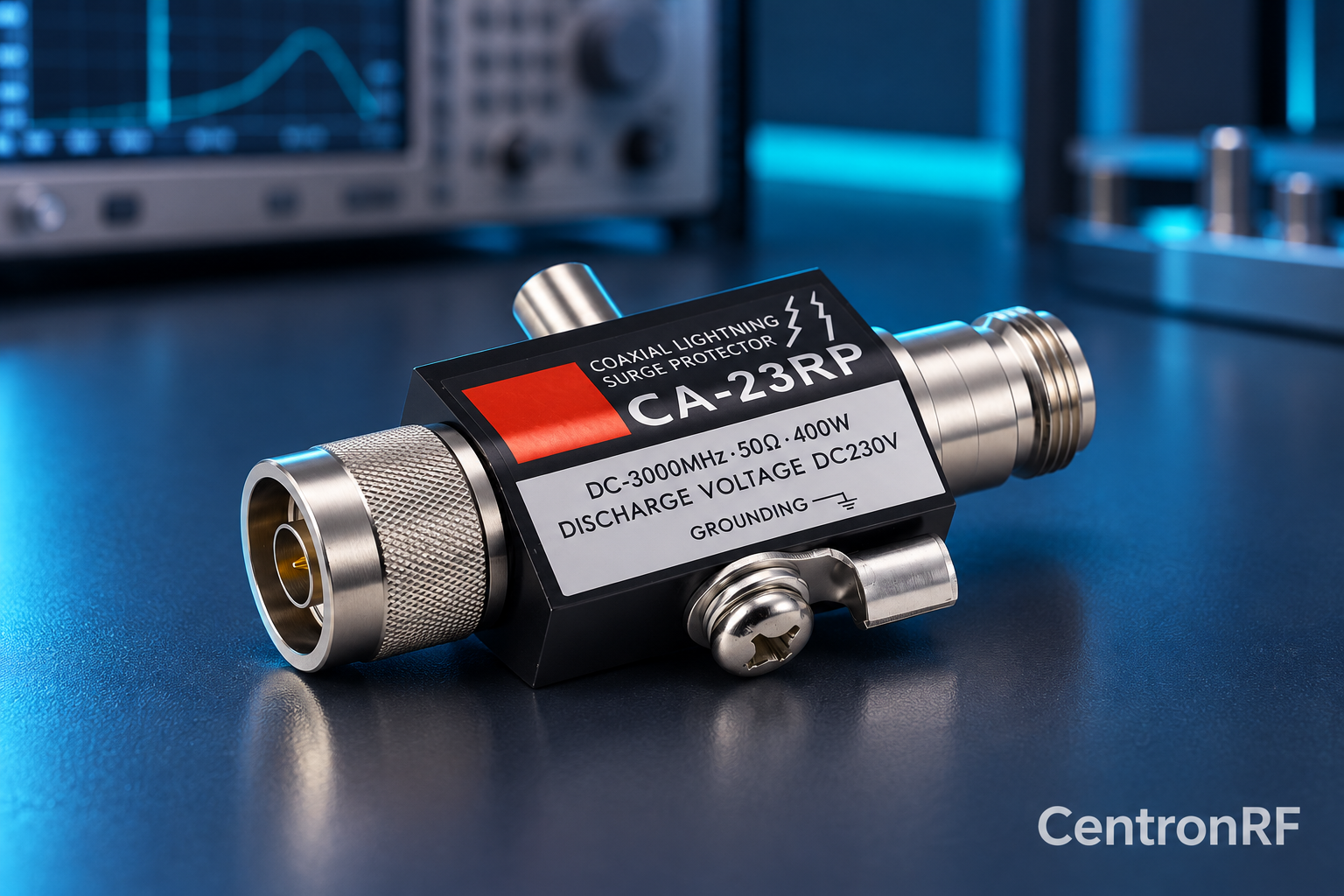 N-type coaxial surge protector with CentronRF watermark