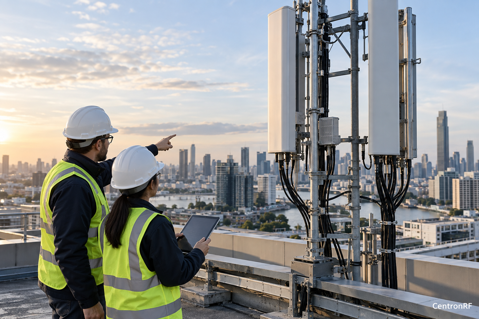 Telecommunications engineers inspecting cellular antenna infrastructure on a city rooftop